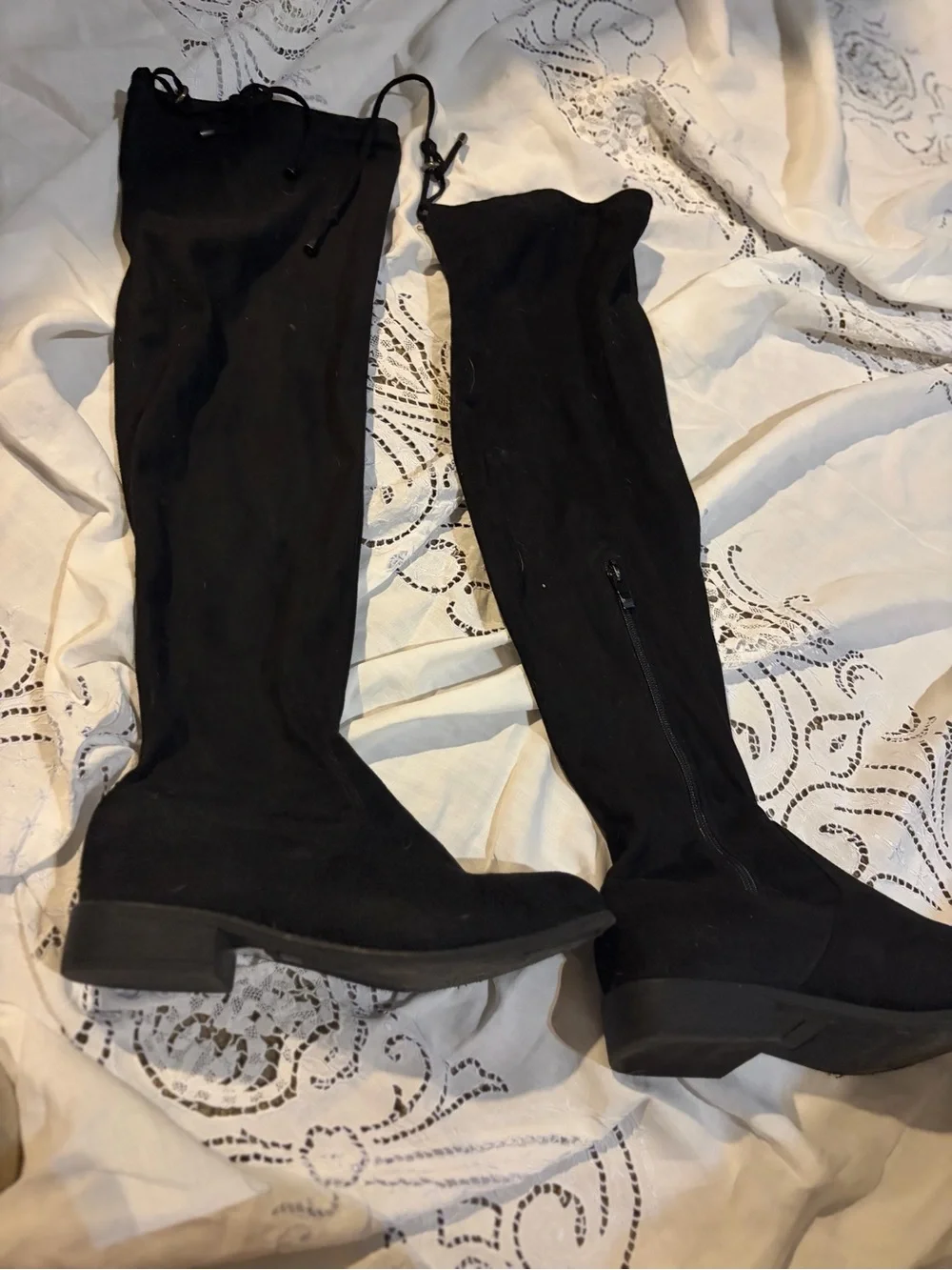Black Over-the-Knee Stretch Boots with Low Block Heel